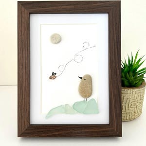 Seaglass Bird and Bee Art | Framed Coastal Pebble Picture