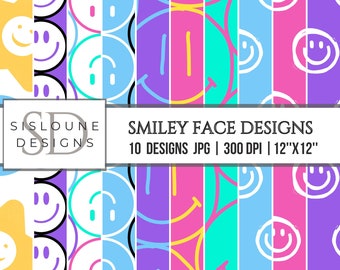 Smiley Face Digital Paper Pack, Colorful Designs (Digital Download)