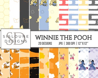 May include: A set of 20 digital paper designs featuring Winnie the Pooh and his friends. The designs include various patterns with honey pots, bees, stripes, and polka dots. The papers are in JPG format, 300 DPI, and 12 inches by 12 inches.