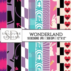 SALE Alice in Wonderland Digital Paper 300 DPI, Scrapbook Papers, Wonderland Backgrounds, Digital Papers Pack