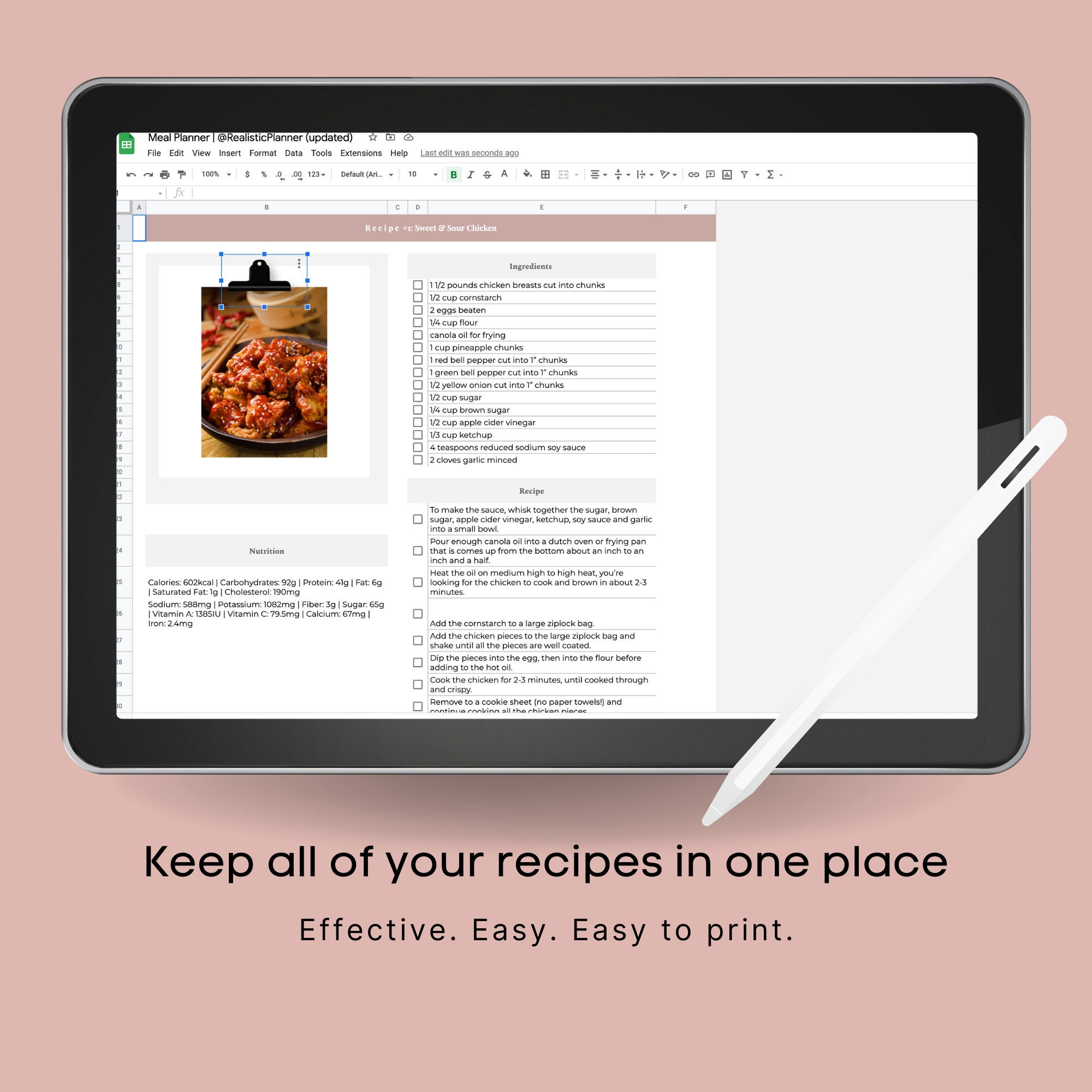 Meal Planner Google Sheets Weekly Meal Planner Template | Etsy