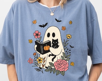 Comfort Colors Ghost Shirt, Floral Halloween Tee