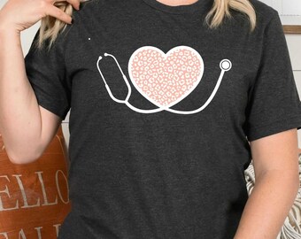 Leopard Heart Stethoscope Nurse Shirt, Nursing Tee for RN,