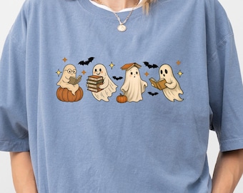 Retro Ghost Reading Shirt: Librarian Halloween Teacher Tee