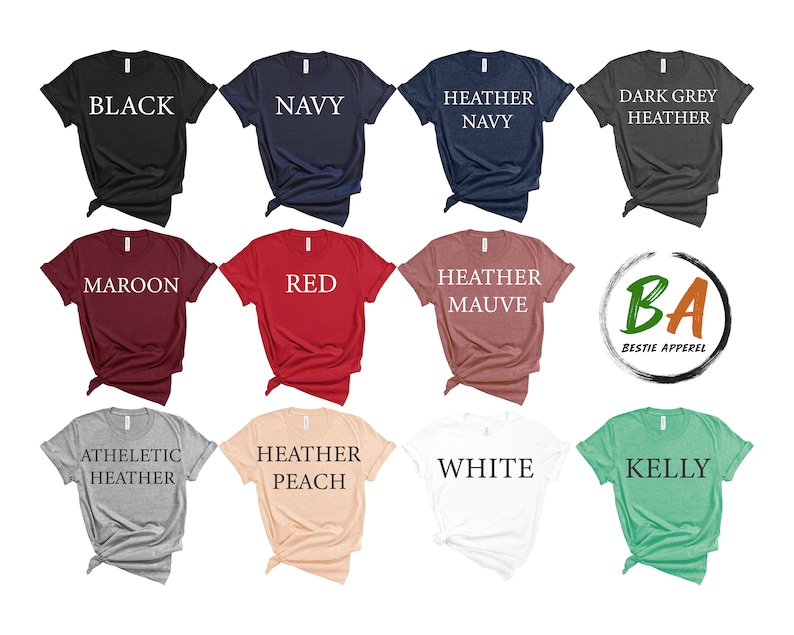Puede incluir: Una colecci&oacute;n de diez camisetas de diferentes colores, incluyendo negro, azul marino, azul jaspeado, gris jaspeado oscuro, granate, rojo, malva jaspeado, gris jaspeado atl&eacute;tico, melocot&oacute;n jaspeado, blanco y verde kelly. Cada camiseta tiene un color diferente y est&aacute; etiquetada con el nombre del color.