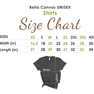 Puede incluir: Tabla de tallas para camisetas unisex, que muestra las medidas de ancho y largo en pulgadas para las tallas XS a 4XL.