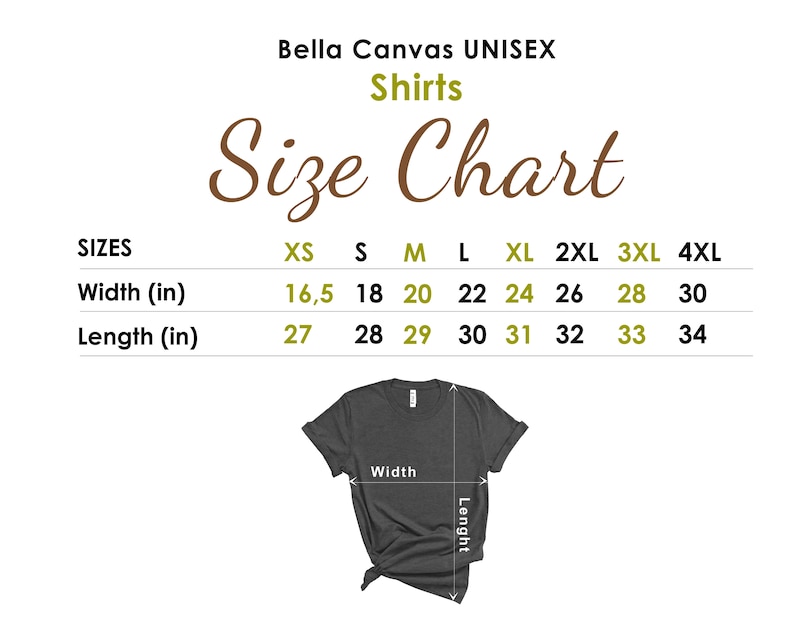 Puede incluir: Tabla de tallas para camisetas unisex, que muestra las medidas de ancho y largo en pulgadas para las tallas XS a 4XL.