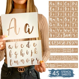 Boutique Calligraphy Stencil Template Kit - 45 Reusable Pieces - Includes Lettering, Numbers, Punctuation, Laurels and Flowers