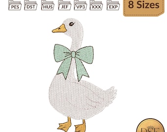 May include: An embroidered design of a white goose with a light blue bow. The goose has yellow feet and beak. The image includes text that says "8 Sizes" and file type abbreviations.