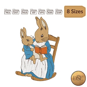 Peter Rabbit et Mme Joséphine Rabbit, lisant un motif de broderie