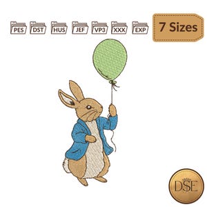 May include: An embroidered design of a brown rabbit wearing a blue jacket, holding a green balloon. The design is labeled with "7 Sizes" and various file formats. The DSE logo is in the bottom right corner.