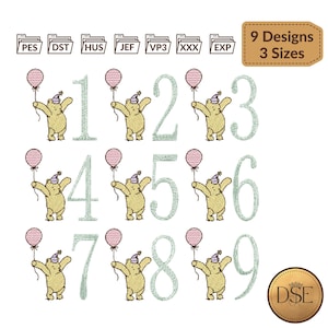 Diseño de bordado de números de cumpleaños de Winnie Pooh del 1 al 9 (3 tamaños)
