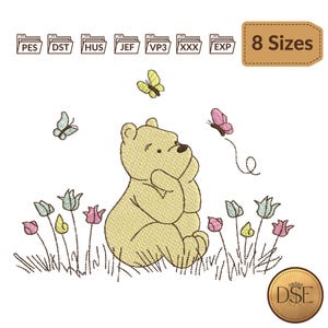 May include: An embroidered design featuring a yellow bear sitting in a field of flowers, with butterflies fluttering around. The design includes the text "8 Sizes" and various file type icons.