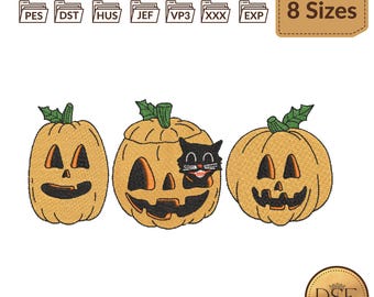 Diseños de bordado de calabazas retro y gato negro para Halloween.