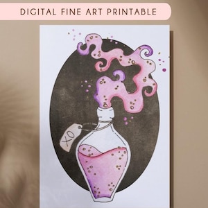 Pink Purple Potion Bottle Printable – Watercolor Witchy Wall Art | Magical Digital Download | Gothic Apothecary Decor | Witchcraft Art Print