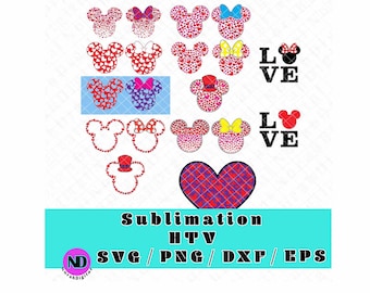 ミッキーマウス ミニーマウス バレンタインデーヘッド SVG アウトライン リボン SVG カッティングファイル カメオ クリカット ビニール 昇華 ミッキーヘッド ミニーヘッド