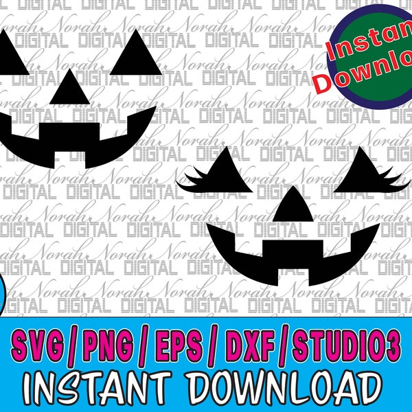 Holiday Clip-Art / Halloween Smiling Carved Pumpkin Faces / Jack-o-Lanterns Male and Female with Eyelashes / Digital Download SVG PNG