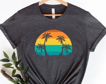 Retro Sunset Palm Tree Shirt, Tropical Island Vacation Tee