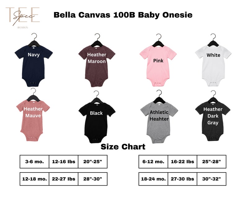 May include: A size chart for Bella Canvas 100B baby onesies. The chart shows the corresponding weight and height for each size. The onesies are available in a variety of colors, including navy, heather maroon, white, pink, heather mauve, black, athletic heather, and heather dark gray.