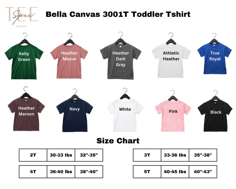 May include: Bella Canvas 3001T Toddler Tshirt size chart in various colors including Kelly Green, Heather Mauve, Heather Dark Gray, Athletic Heather, True Royal, Heather Maroon, Navy, White, Pink, and Black. The chart shows sizes 2T, 3T, 4T, and 5T with corresponding weight and height ranges in inches and pounds.