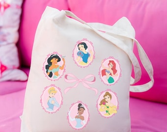 Princess Fairytale Tote Bag, Magical Beige Disneyland Bag, Belle, Ariel, Elsa, Cinderella, Tiana, Jasmine Coquette Tote Bag