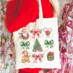 Coquette Christmas Tote Bag, Holiday Shopping Bag, Classic Christmas Bag