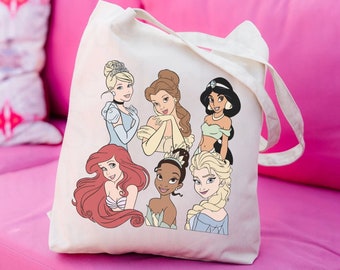 Princess Fairytale Tote Bag, Magical Beige Disneyland Bag, Belle, Ariel, Elsa, Cinderella, Tiana, Jasmine Reusable Tote Bag