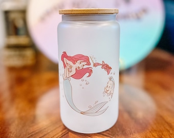 Little Mermaid Glass Cup with Bamboo Lid, Ariel, Flounder & Sebastian