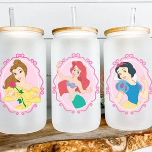Disney Princess Glass Cup, Cinderella, Tiana, Jasmine, Belle, Snow White and Ariel Magical Coffee Cup, Disney Glassware