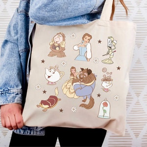 Beauty and the Beast Tote Bag, Magical Beige Disneyland Bag, Belle, Cogsworth, Lumiere, Mrs Potts, The Beast Reusable Tote Bag