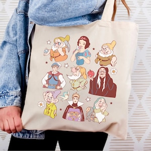Snow White Tote Bag, Magical Beige Disneyland Bag, Snow White, Seven Dwarves, The Prince, Evil Queen Reusable Tote Bag