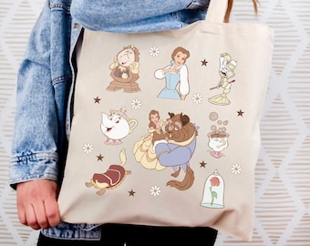 Beauty and the Beast Tote Bag, Magical Beige Disneyland Bag, Belle, Cogsworth, Lumiere, Mrs Potts, The Beast Reusable Tote Bag