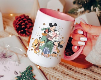 Magical Christmas Coffee Mug, Mickey Minnie Pluto Holiday Mug, 15 ounce Cup with Pink Handle, Gifts for Her