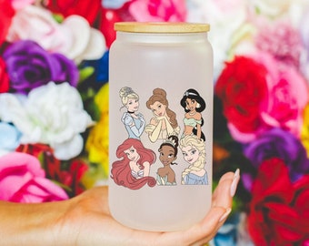 Princess Glass Cup, Cinderella, Belle, Jasmine, Ariel, Tiana and Elsa Coffee Glass, Magical Cup