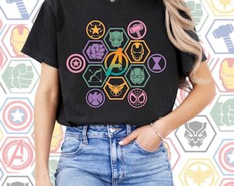 Avengers Pastel Ombré Shirt, Marvel Black Crop Top or Unisex Tee, Superhero Graphic Tee, Disneyland Outfit, Disney World Outfit