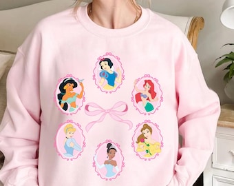 Pink Coquette Princess Shirt and Crewneck, Princess Tee, Belle, Ariel, Cinderella, Snow White, Tiana, Jasmine