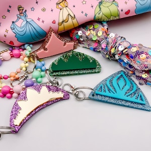 Princess Crown Bag Charms, Rapunzel, Elsa, Tiana, Aurora Keychain, Acrylic Keychain, Gift Ideas, Disney Accessories image 1
