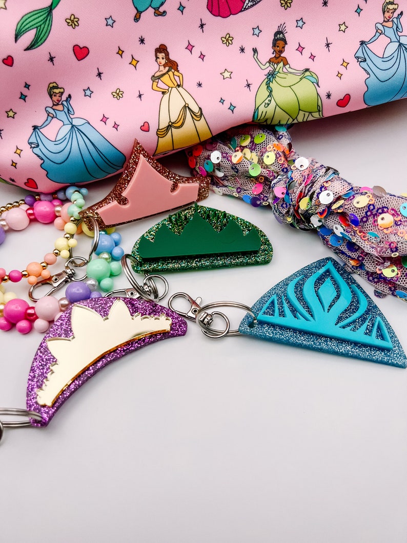 Princess Crown Bag Charms, Rapunzel, Elsa, Tiana, Aurora Keychain, Acrylic Keychain, Gift Ideas, Disney Accessories image 1