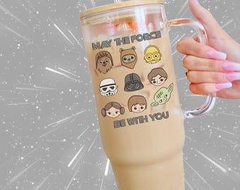 Star Wars Friends Glass Cup, 40 ounce Coffee Cup with Handle, Clear or Frosted Glass, Galaxy Glassware, Disney Kitchen