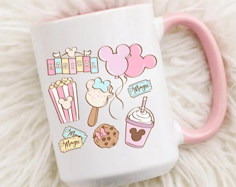 Magical Snacks Coffee Mug, Disney Snacks Cup, 15 ounce Coffee Cup with Pink Handle, Gifts for Her