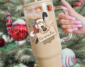 Santa Pluto Glass Cup, 40 ounce Coffee Cup with Handle, Disney Christmas Glassware, Disney Kitchen
