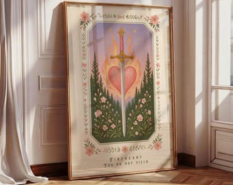 Fireheart Sword Art, You Do Not Yield, Fantasy Bookish Wall Poster, Book Lover Gift, Inspirational Book Quote, Reading Merch Art, Pink Sword