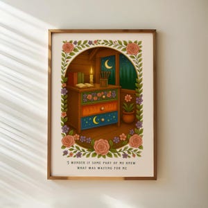 Kwiaty, Płomień, Gwiazdy Komoda Druk, Kwiatowy, Płomień i Gwiazda Szuflada Sztuka, Fantastyczna Książkowa Dekoracja Ścienna, Romantyczny Prezent dla Miłośników Książek