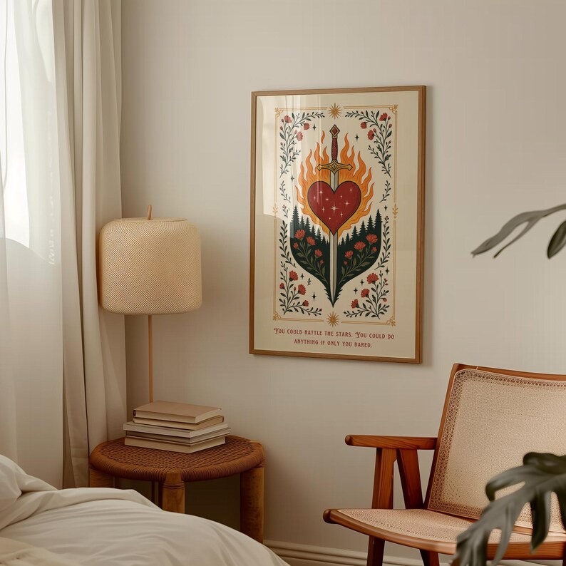 Vuurhart-zwaardkunst, fantasie leesgrage muurafdruk, boekenliefhebber cadeau, inspirerend citaat: je zou de sterren kunnen rammelen, leesmerchandise, boekenkamer afbeelding 7