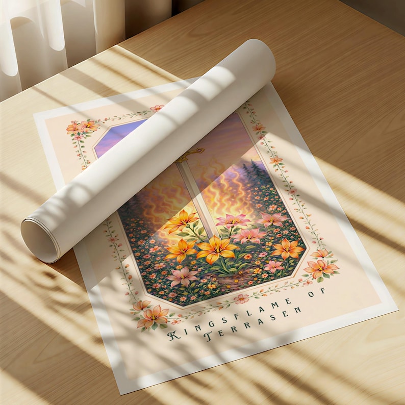 May include: A rolled-up white poster rests on a printed art piece. The artwork features a floral garden with orange and pink flowers, a window, and the text "KINGSFLAME OF TERRASEN". The color palette includes soft pinks, oranges, and greens.