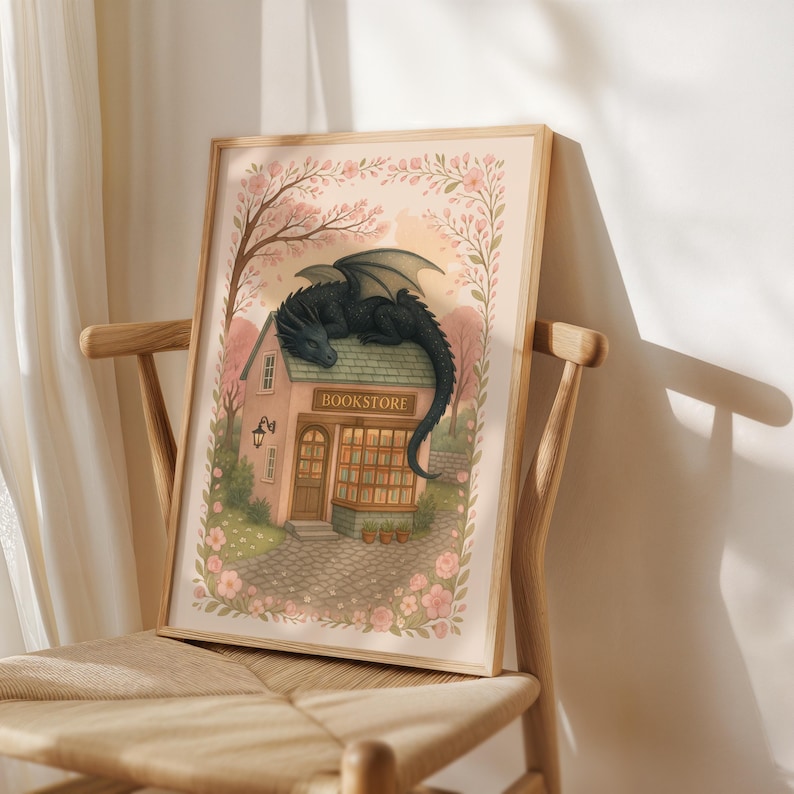 Fantasy Dragon Print, Dragon Bookstore Print, Bookish Wall Art, Fantasy Book Readers, Pink Floral Poster, Dragon Lover Gift, Girly Book Art image 5