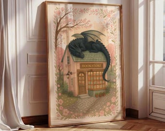 Fantasy Dragon Print, Dragon Bookstore Print, Bookish Wall Art, Fantasy Book Readers, Pink Floral Poster, Dragon Lover Gift, Girly Book Art
