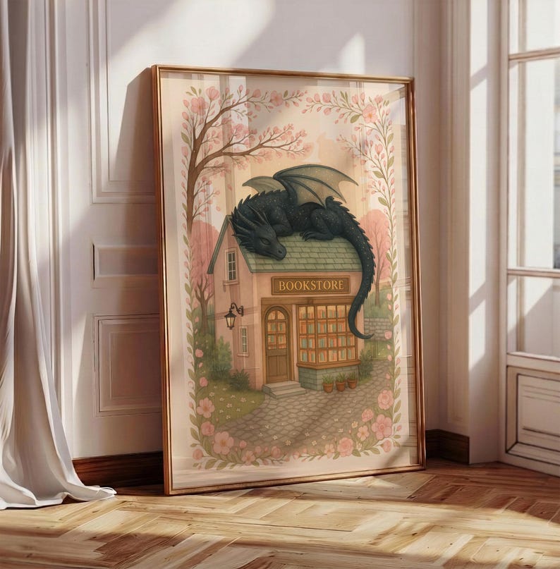Fantasy Dragon Print, Dragon Bookstore Print, Bookish Wall Art, Fantasy Book Readers, Pink Floral Poster, Dragon Lover Gift, Girly Book Art image 1