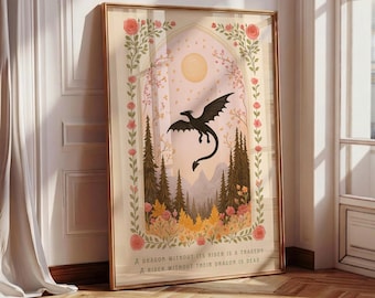 Dragon Without Its Rider Print, Floral Fall Dragon Poster, Fantasy Bookish Art, Girly Wall Art, Book Lover Gift, Dragon Print, Book Room Art