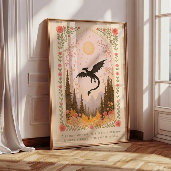 Dragon Without Its Rider Print, Floral Fall Dragon Poster, Fantasy Bookish Art, Girly Wall Art, Book Lover Gift, Dragon Print, Book Room Art